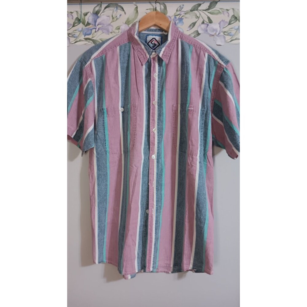 Santana Large Strip Colorful Vintage Retro Button Up Multicolor Classic Top